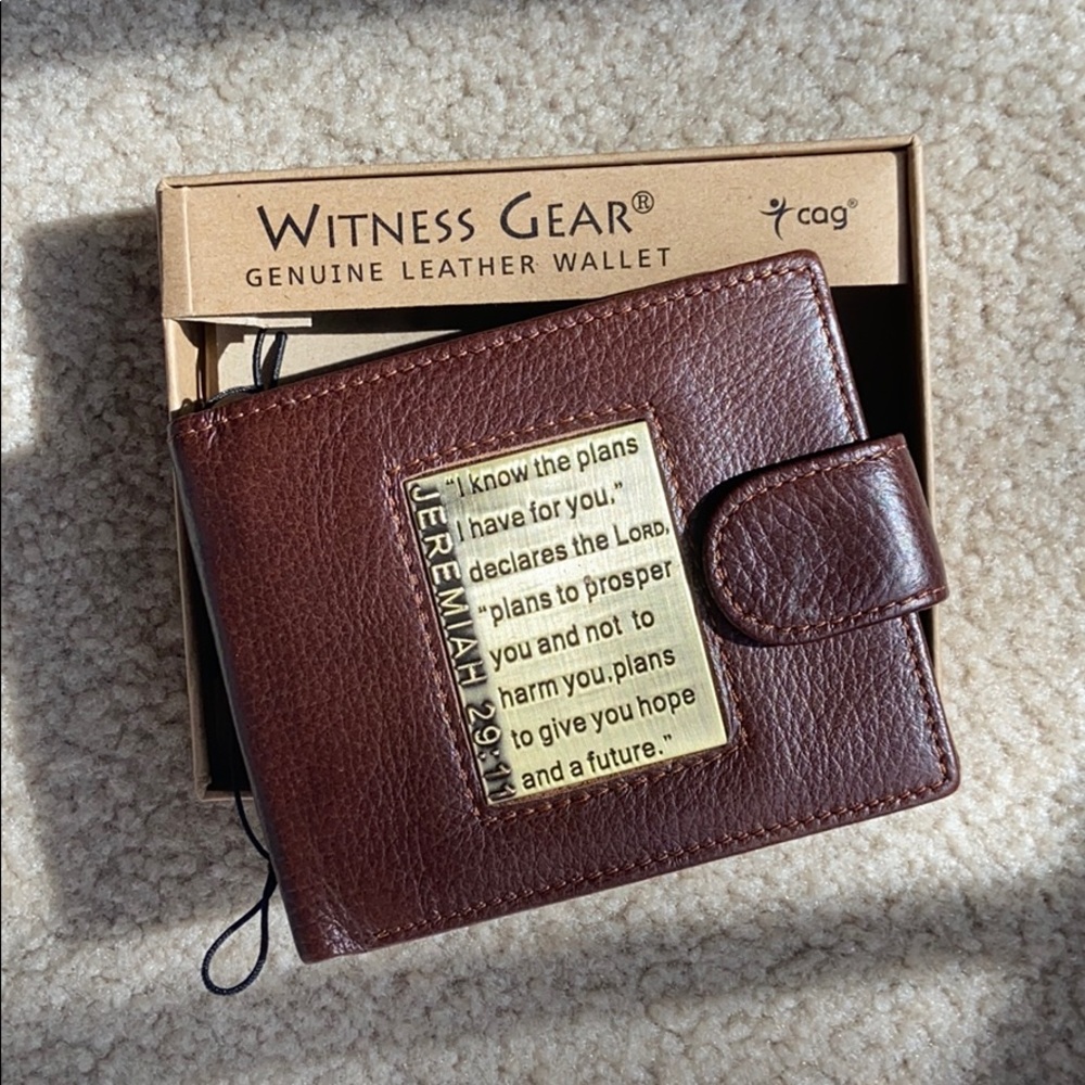 Brown genuine leather scripture verse wallet